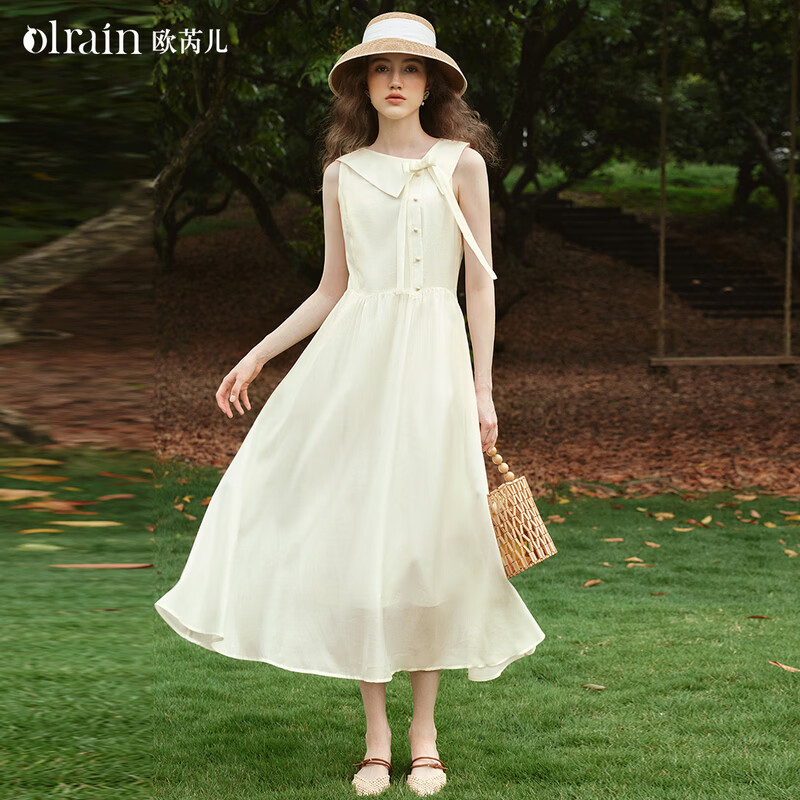 Olrain欧芮儿夏季新款优雅不对称翻领收腰显瘦气质背心连衣裙女中长裙 杏色 S