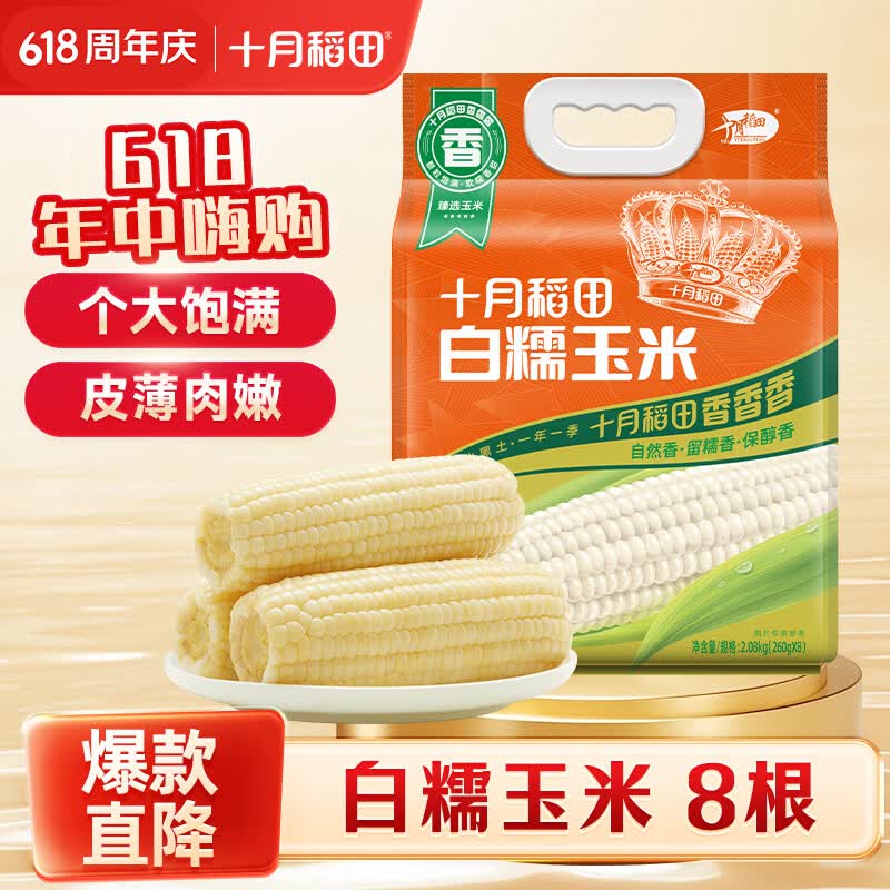 十月稻田 白糯玉米 8根 4.16斤 东北甜粘玉米 非转基因 低脂早餐
