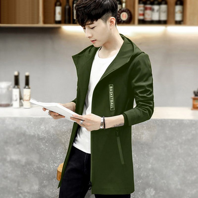 帅气男装修身风衣夹克中长军绿色春秋季