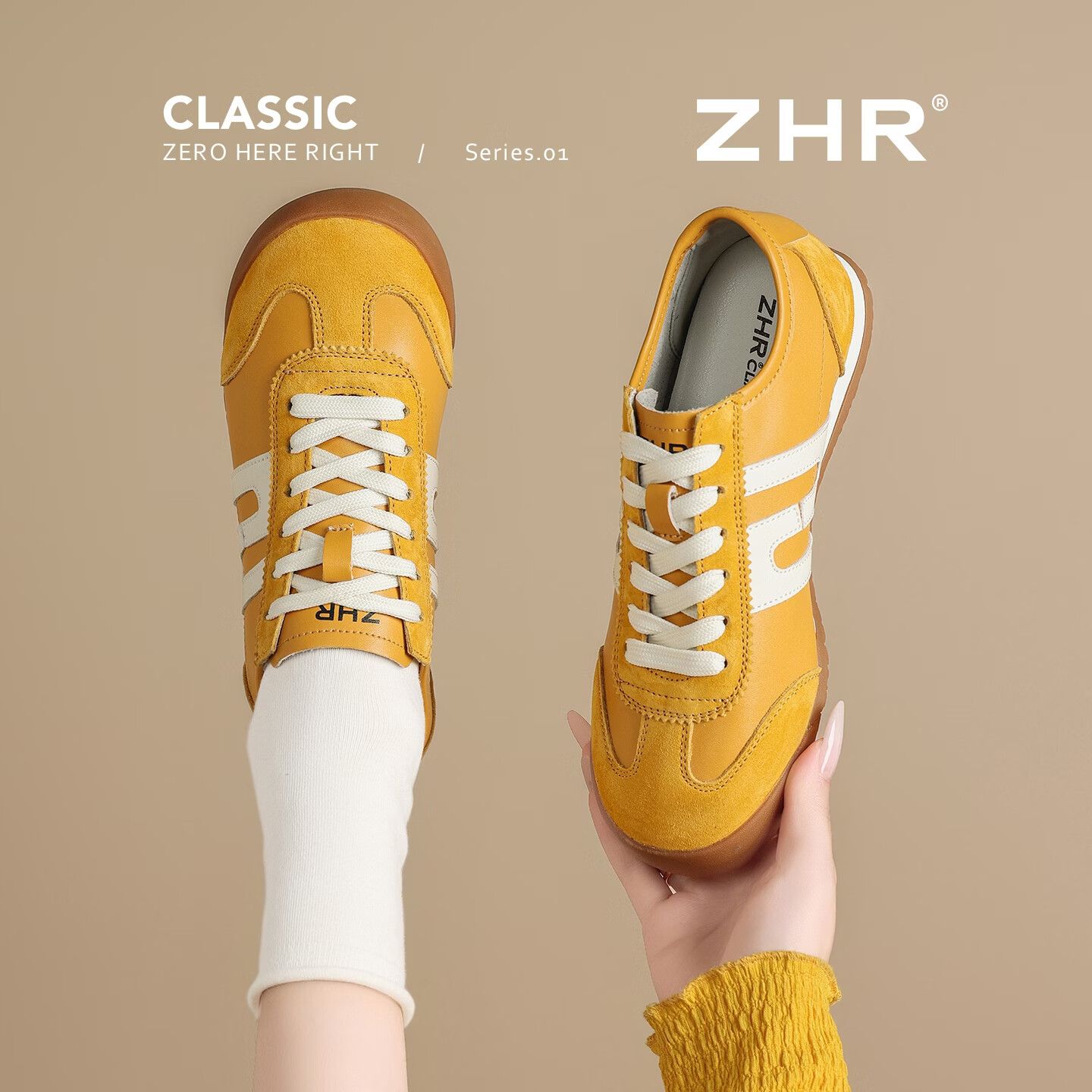 ZHR则则头层猪皮德训鞋女春夏新款小白鞋软平底运动休闲鞋子女 米黄色 38