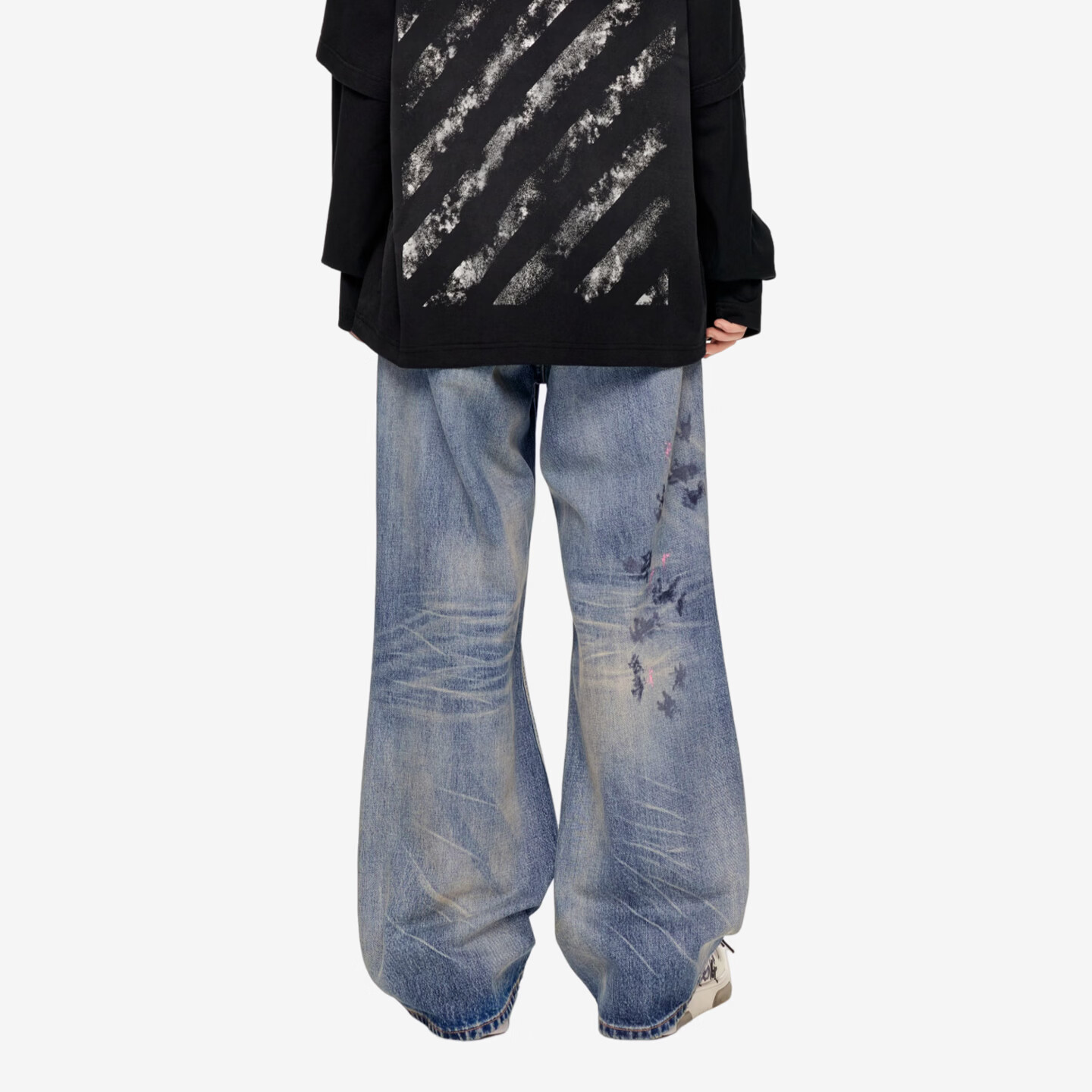 OFF WHITE™夏季情侣装新款破洞牛仔裤时尚街头磨白做旧男士长裤 彩蓝色 XL