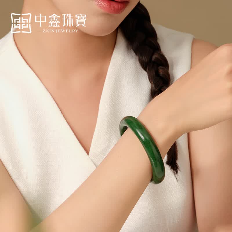 中鑫珠宝天然和田碧玉手镯飘花正圈平安镯菠菜绿玉镯子女送妈妈礼物 60圈号