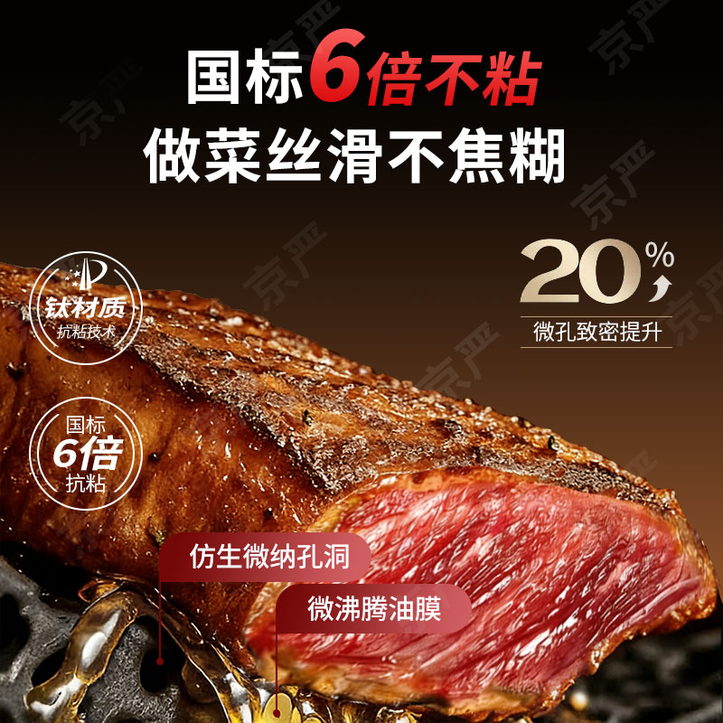 京严平底锅含钛煎锅家用铁锅0涂层不粘锅聚油煎牛排炒菜锅燃气电磁炉 【真有钛|0氟0涂层】煎炒一体+玻璃盖 适用 4-6人 28cm 物理不粘|导热均匀|聚油不凸
