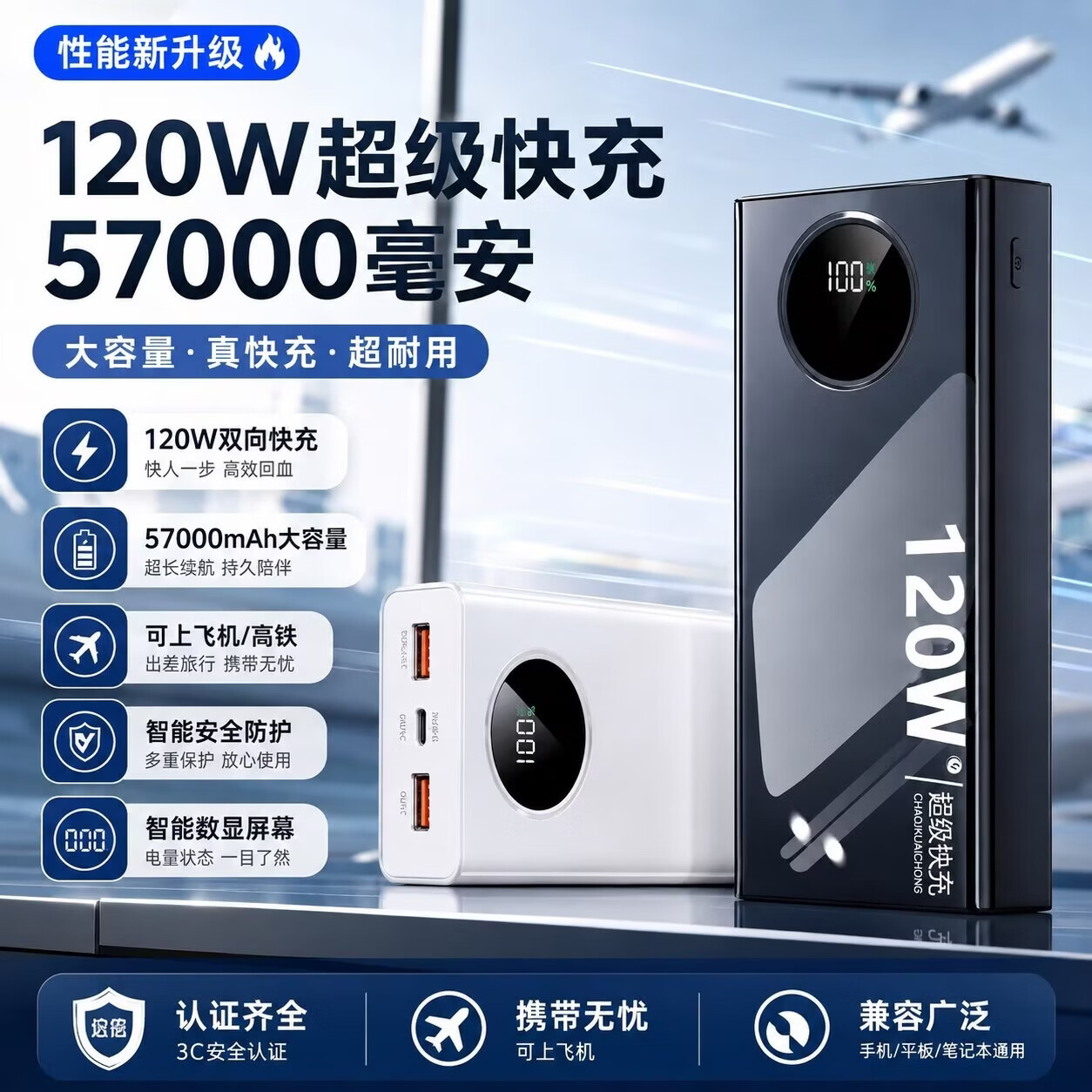 3C认证进口电芯57000毫安大容量充电宝120W超级快充便携移动电源适用安卓苹果华为小米可上飞机 经典白|普通版|标准快充 20000毫安