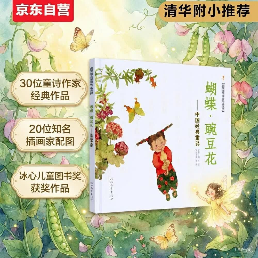 蝴蝶·豌豆花   清华附小推荐，荣获2010年冰心儿童图书奖 ，2010年童书TOP10童心诗画奖， 非注音 3-6岁（启发出品）暑假作业 一升二暑假衔接 小升初暑假衔接 