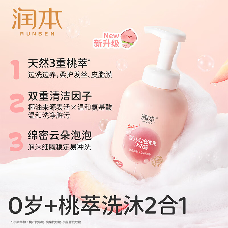 润本儿童洗发水沐浴露二合一氨基酸宝宝婴儿沐浴油沐抚触油护发素香皂 550ml*1瓶 【0岁+】桃叶泡泡婴儿款