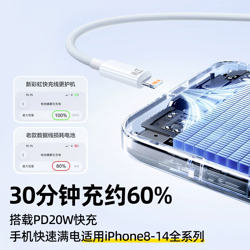 品胜苹果数据线PD27W快充Type-C to Lightning充电短线适用iPhone14promax/13/12/Xs手机充电宝 【新品编织PD快充-白色】华为苹果15~17|1m