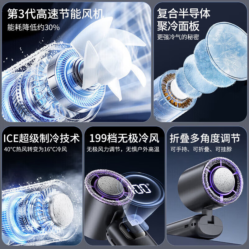 德国品质手持小风扇半导体制冷小风扇2026新款学生静音涡轮桌面小风炮高速大风力充电风扇超长续航 经典天空蓝丨16℃冰感风丨半导体