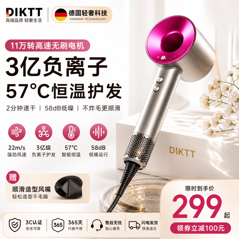 DIKTT【德国品牌】吹风机家用轻音负离子大功率不伤发电吹风女生专用家用正品不伤发轻音秒干护发吹风无 【玫红色 单风嘴】30亿负离子 生日礼物礼盒装 京东折扣/优惠券