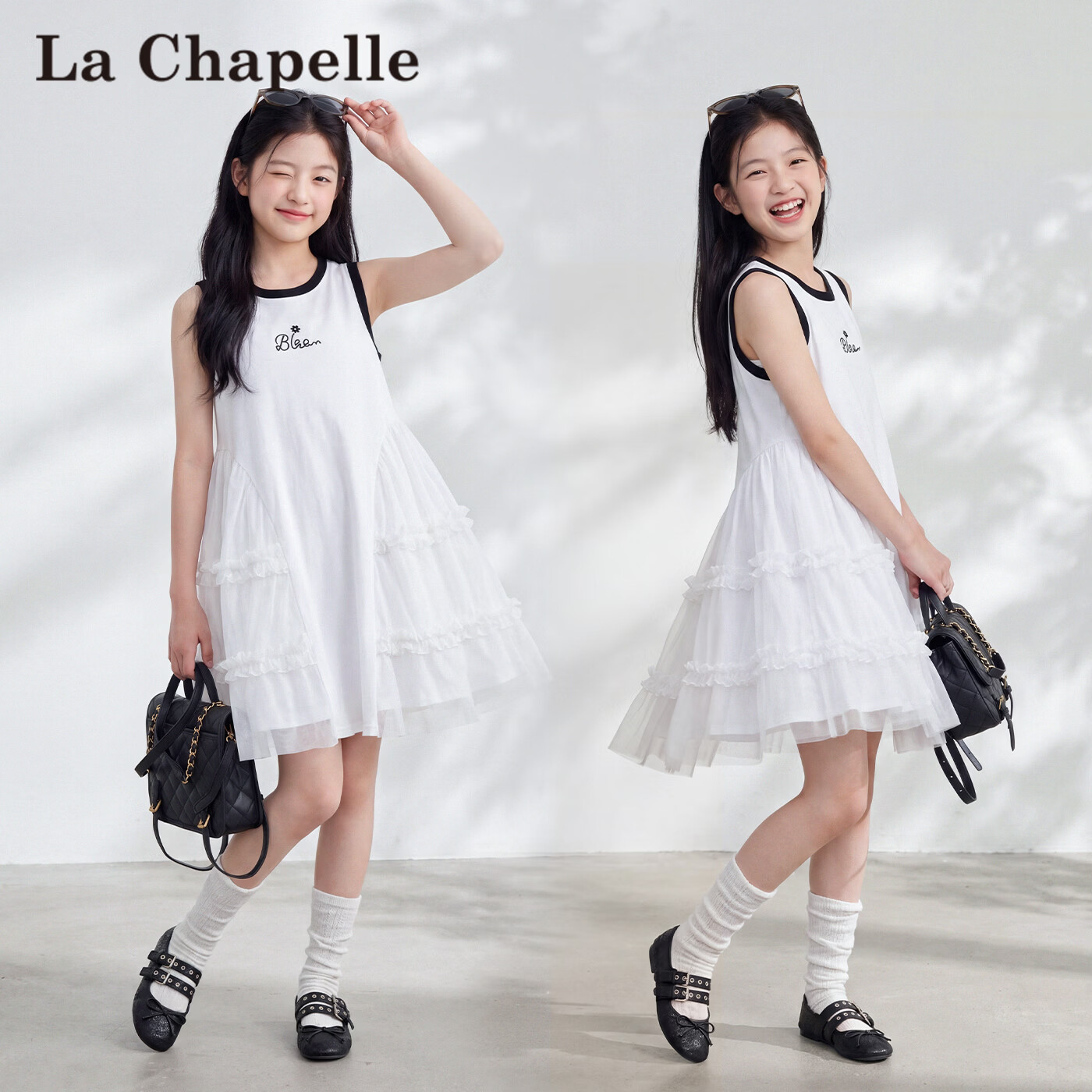 La Chapelle2026夏季亲肤透气韩系公主裙童装百搭好看黑白撞色无袖儿童蛋糕裙 白 110