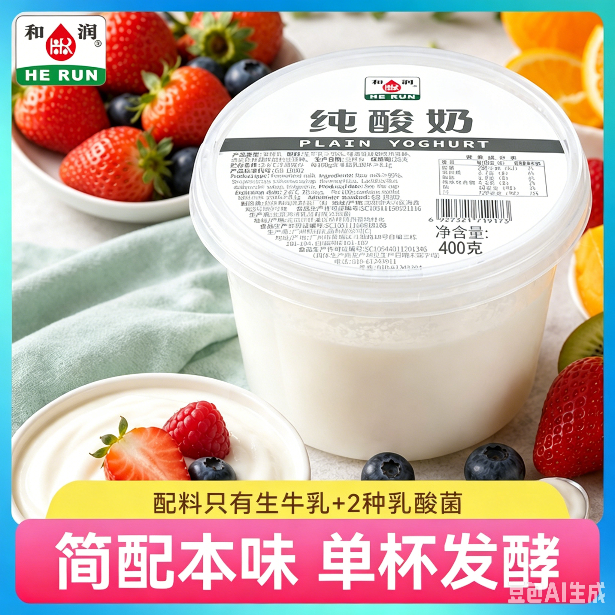 和润 纯酸奶400g*2低温酸牛奶0蔗糖0代糖 健身轻食代餐 酸奶碗