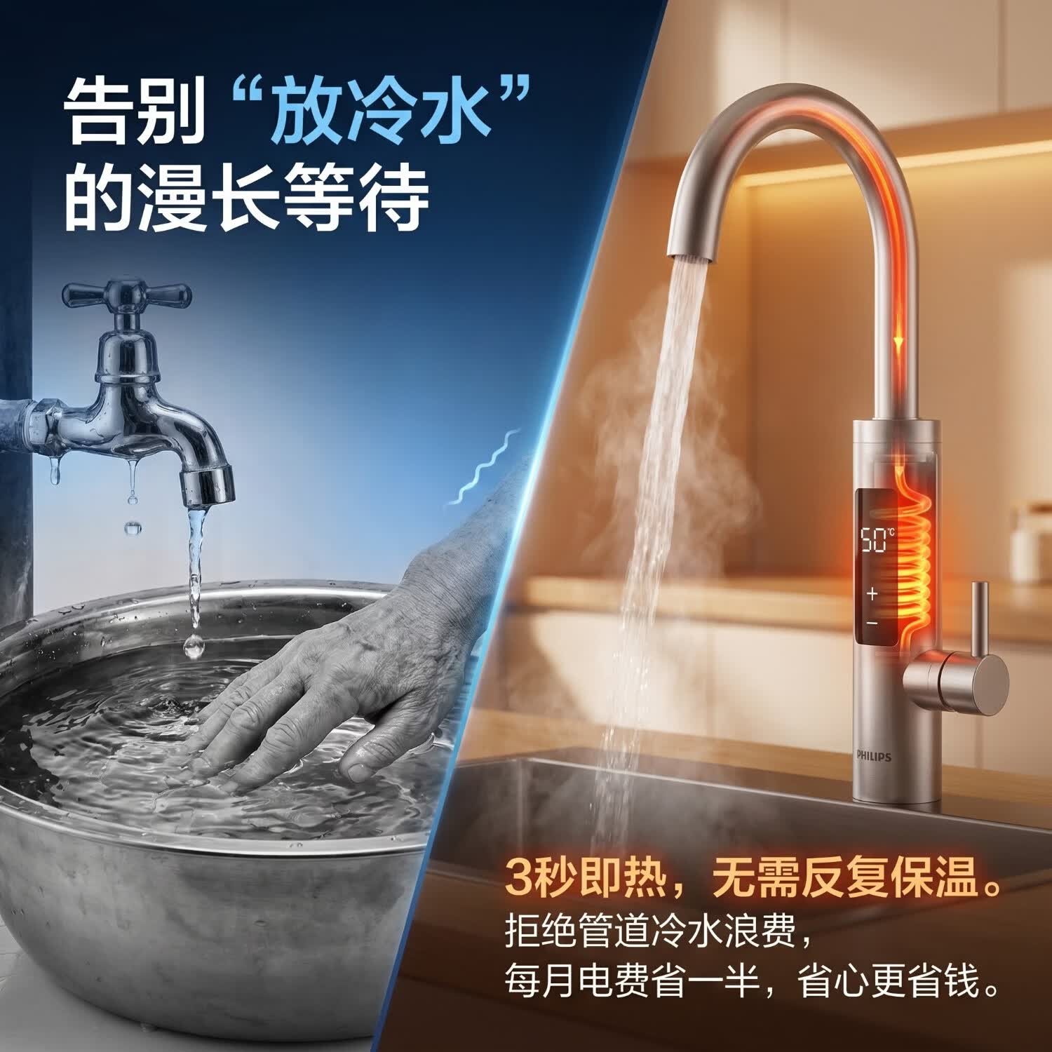 飞利浦电热水龙头即热式变频恒温冷热两用速热家用厨房卫生间数显加热热水器热水宝洗脸盆包安装1173 不锈钢+漏保