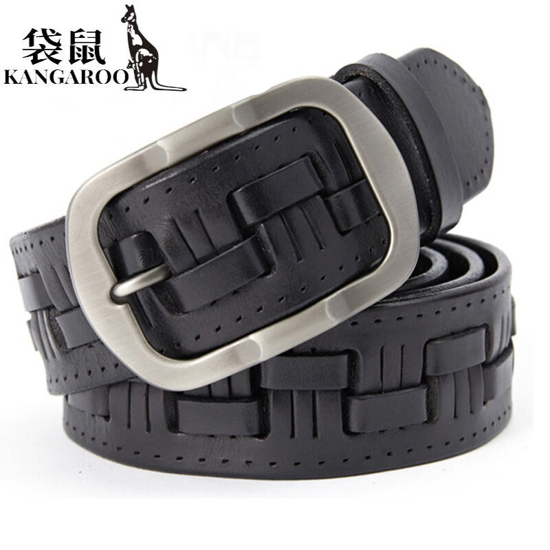 袋鼠轻奢名牌店精致高档男士皮带头层牛皮金属针扣时尚休闲编织真皮腰