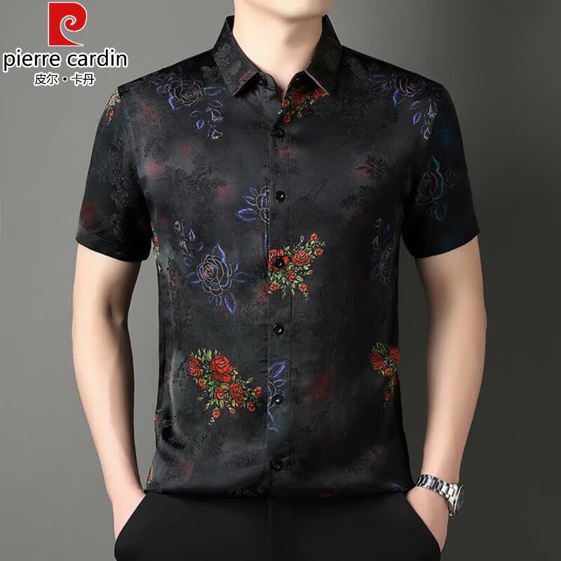 皮尔卡丹(pierre cardin)高级感冰丝短袖衬衫男士春夏季薄款中国风休闲无痕印花衬衣 红花 4XL 190/100A 185-200斤