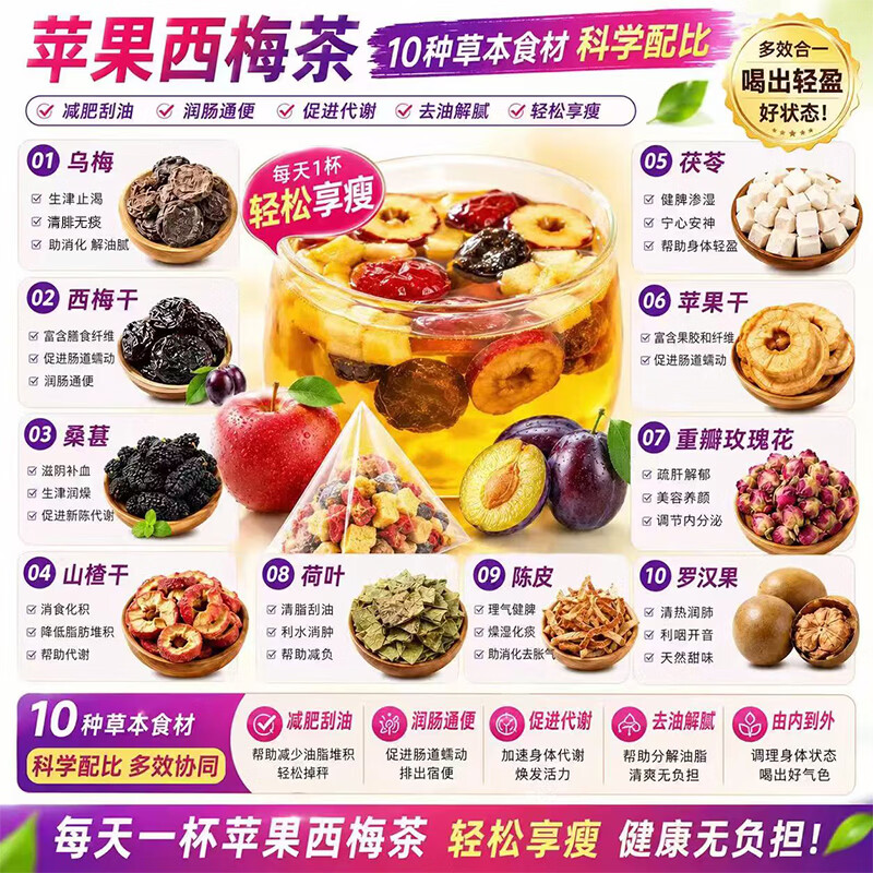 花小泡苹果西梅荷叶减肥茶减肥塑身瘦肚子燃脂瘦身全便秘清肠排毒通便茶 苹果西梅茶10g*20包【真材实料 不好可退】