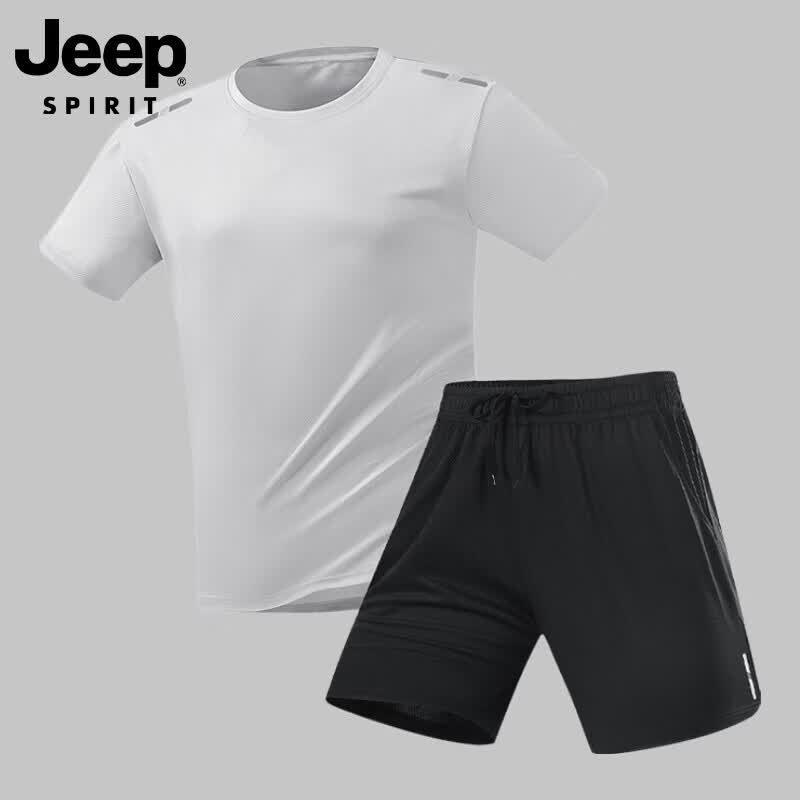 JEEP SPIRIT吉普男士冰丝速干套装夏季圆领t恤运动宽松短袖短裤两件短装 浅灰套装 XL 京东折扣/优惠券