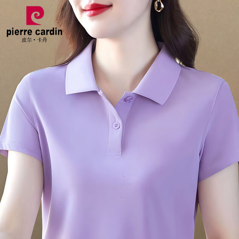 皮尔卡丹(pierre cardin)冰丝翻领短袖纯色t恤女夏季大码中年妈妈带领上衣显瘦速干polo衫 紫色 纯色 L 建议100-115斤