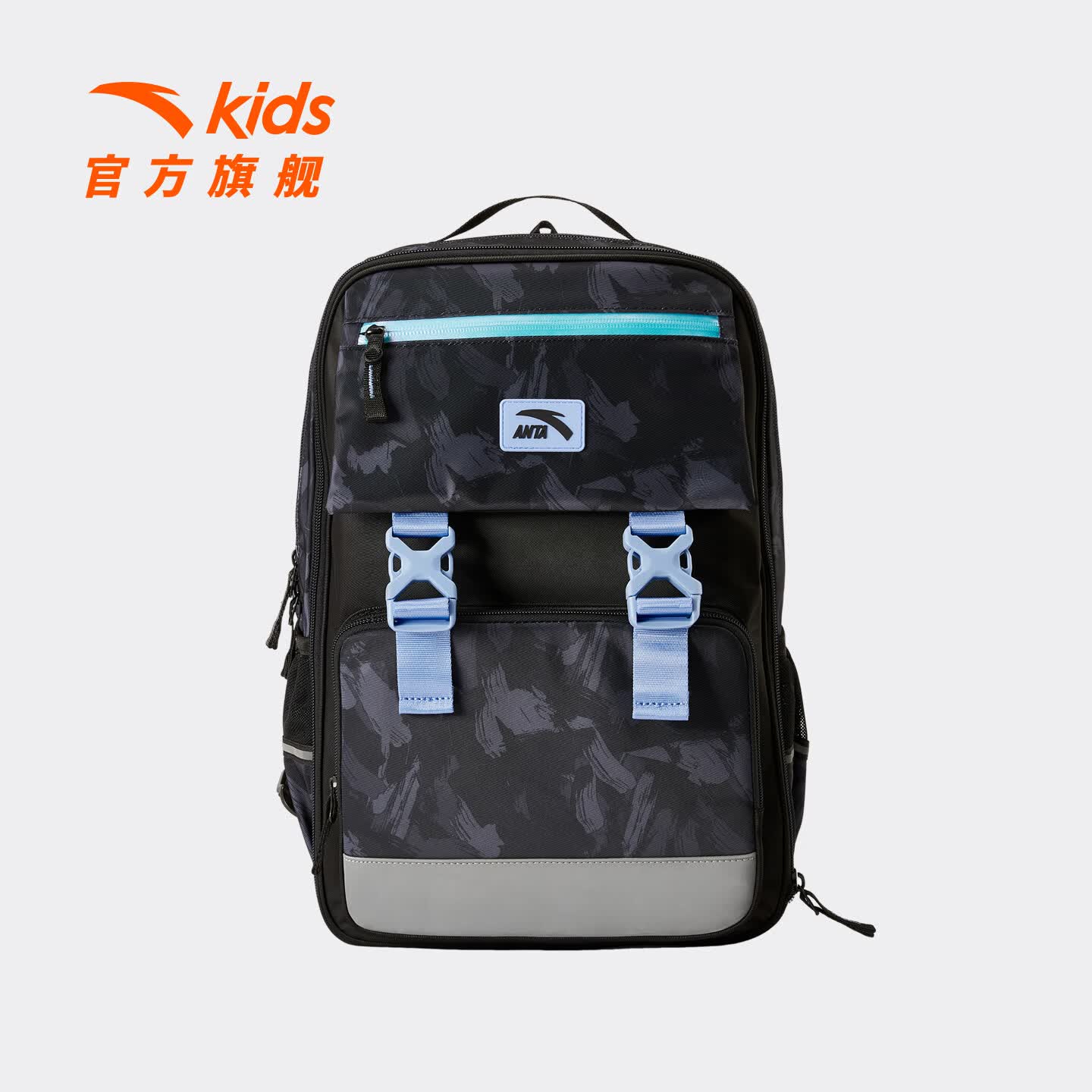安踏儿童双肩背包3D背板护脊防泼水轻便大容量青少年学生双肩书包 满印黑 -1 均码