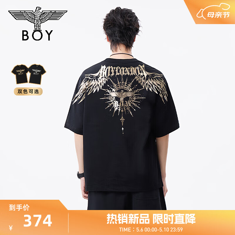 BOY LONDON【暗黑罗盘】春夏男女同款烫金潮牌短袖翅膀T恤N01906 黑印金 L
