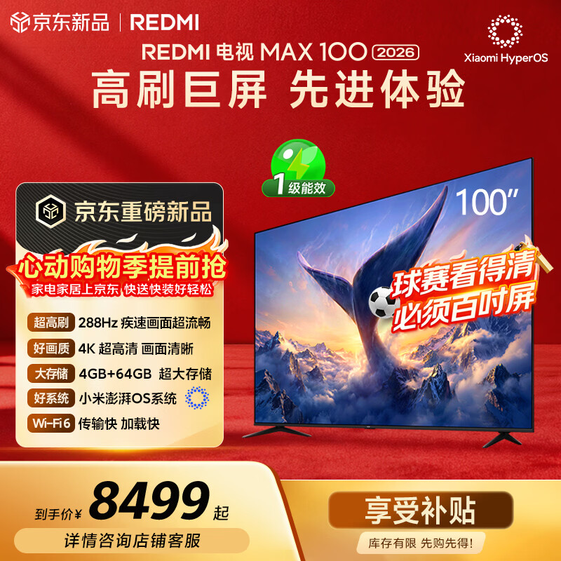 小米（MI）REDMI电视【新一代】MAX 100英寸送装一体 288Hz高刷新 4GB+64GB 4K超高清L100RC-AP国家补贴