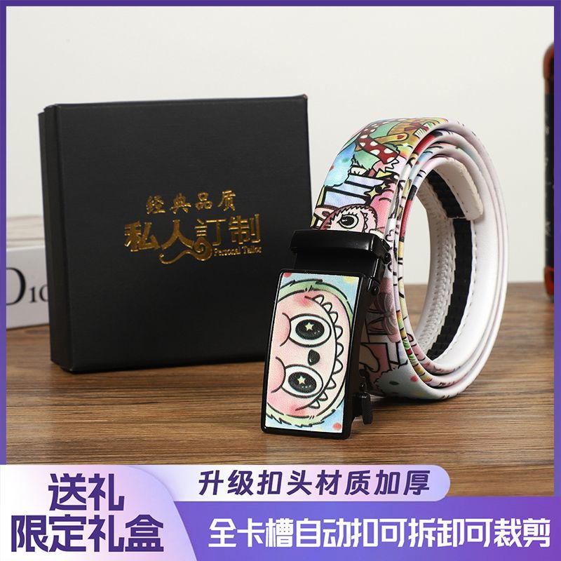 涂鸦卡通牛仔裤自动腰带字母百搭时尚休闲全卡槽新款男女潮流皮带 西瓜 1cm 120CM（30-200斤可用）