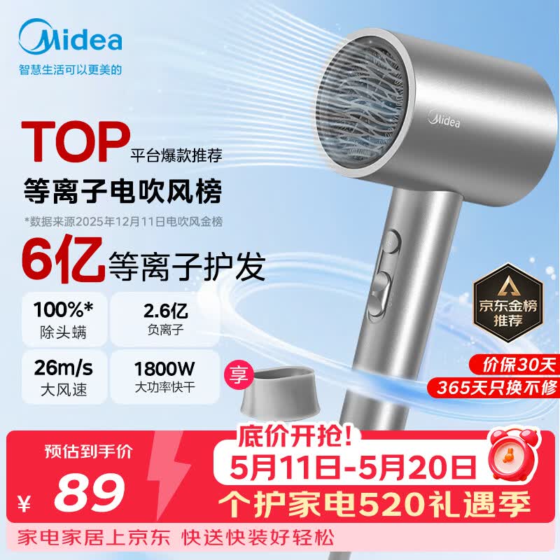美的（Midea）6亿等离子护发电吹风 家用负离子护发吹风筒 1800W大功率快干吹风机 FJ308银 国家补贴 生日礼物
