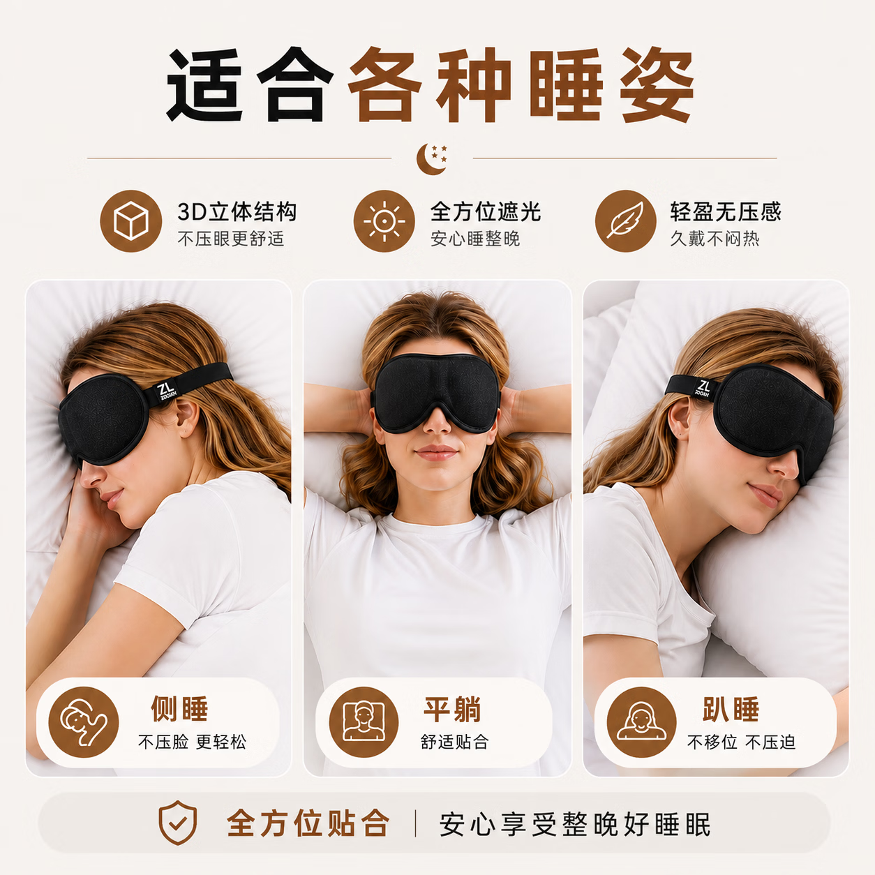 娫基础款3D立体不压眼助深睡眠遮光眼罩睡觉专用护眼睛学生男女神器 黑色(有顶遮) 3D基础款