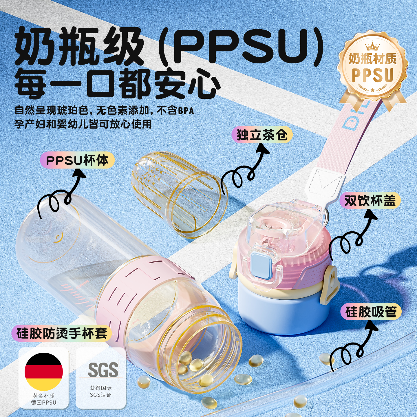 迪乐贝尔吸管儿童水杯PPSU材质幼儿园防摔运动水壶小学生喝水杯户外便携 青色 810ml (刻度+背带)