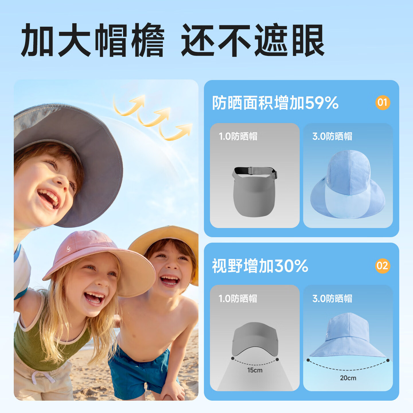 如山儿童防晒帽男女孩夏季大帽檐渔夫帽遮阳外出太阳鸭舌帽子 蓝灰【双面可带 全面防晒】 均码 2-15岁【帽围52-56cm】
