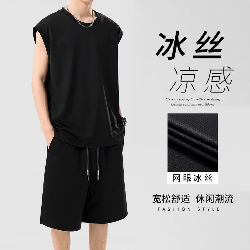 ZSCK【2件套】冰丝凉感背心短裤男夏季薄款透气速干网眼无袖t恤裤子 纯灰【背心短裤-蝴网套装】 薄款 2XL 【建议130-145斤】) ZSCK【2件套】冰丝凉感背心短裤男夏季薄款透气速干网眼无袖t恤裤子 纯灰【背心短裤-蝴网套装】 薄款 2XL 【建议130-145斤】)