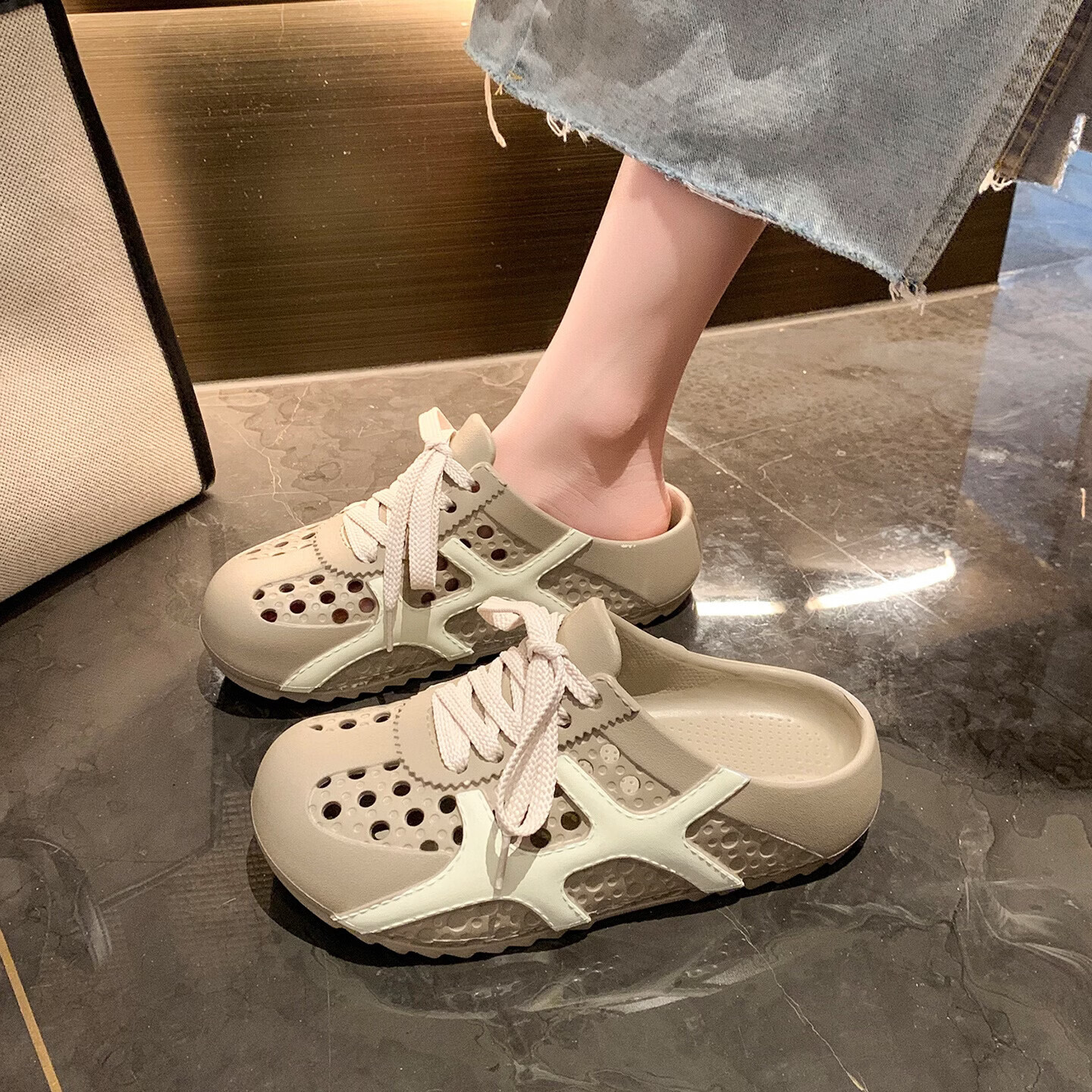 ZHR则则洞洞鞋女2026夏季新款包头拖女透气系带外穿凉鞋女 EN36浅咖38/39