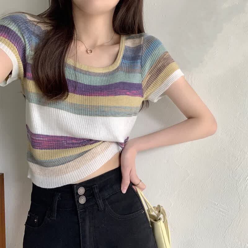 彩虹条纹方领短袖t恤女正肩夏季2025年新款薄款冰丝针织短款上衣 蓝色 均码 80-120斤选