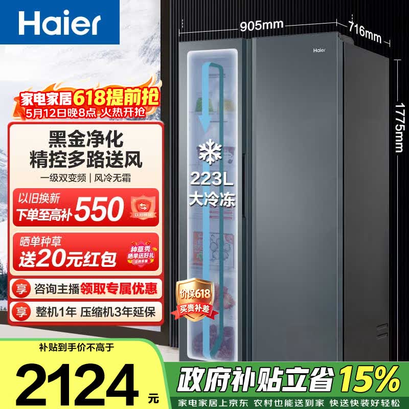 海尔（Haier）盛宴 616升对开门冰箱黑金净化一级双变频精控多路送风超大容量BCD-616WGHSSEDC9政府补贴15% 616L对开|黑金净化