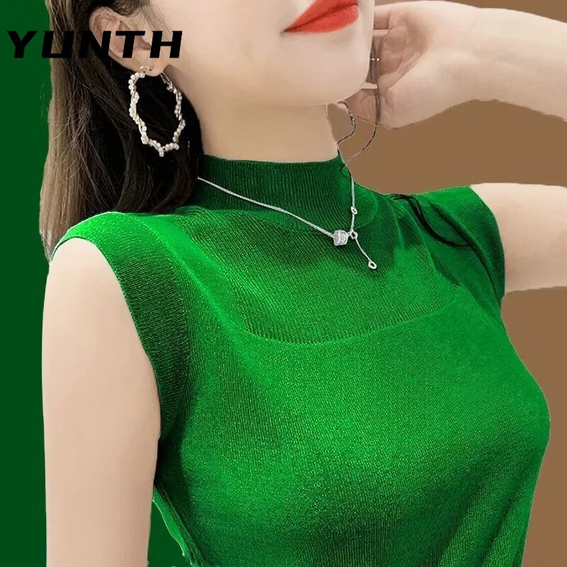 YUNTH冰丝吊带背心女外穿春夏新款韩版宽松针织无袖短款上衣T恤打底衫 黑色 S 【建议70-85斤】