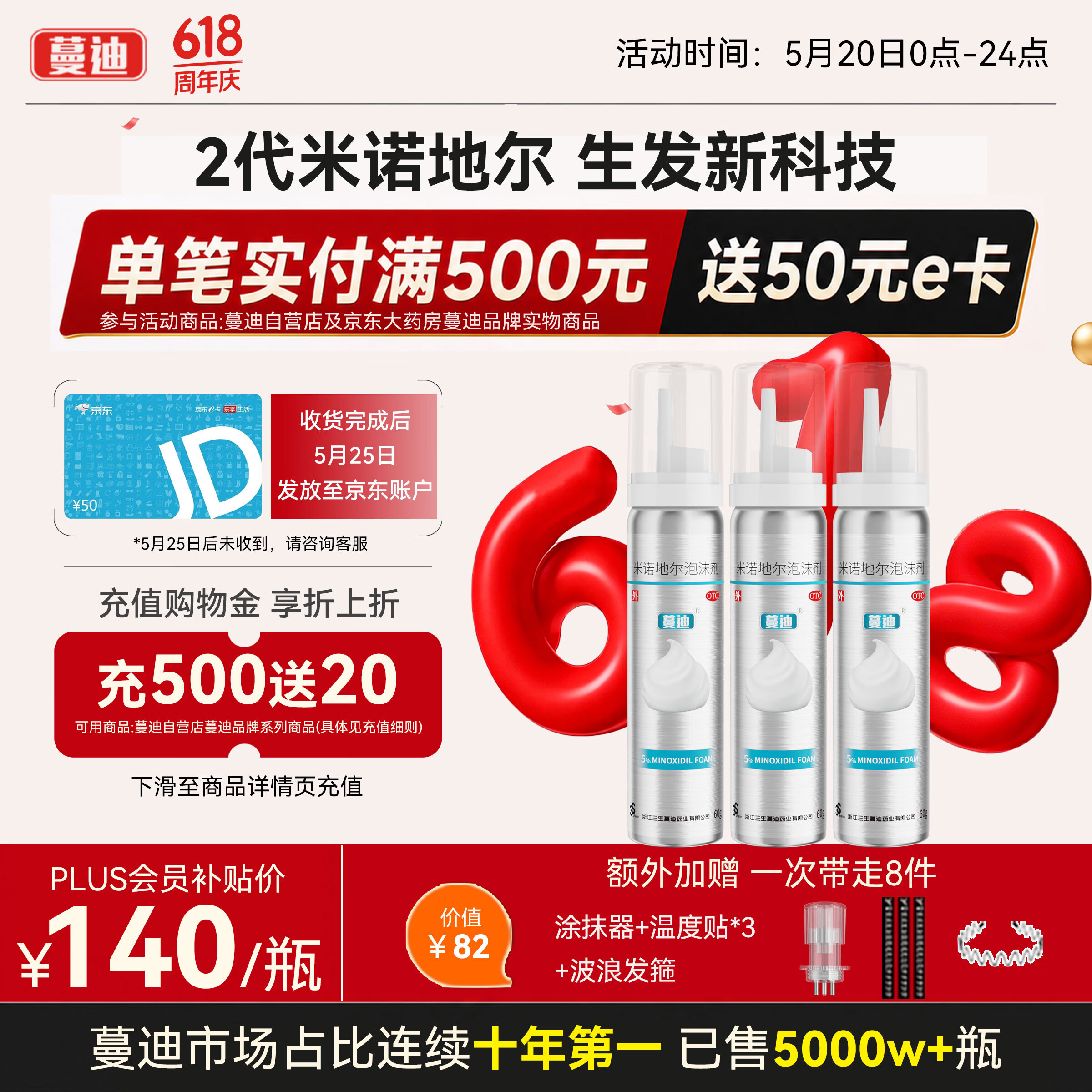 蔓迪【第二代米诺地尔】蔓迪5%生发泡沫剂60g*3（倍速生发 温和低敏）男女专用治脱发防脱育发米洛酊搽剂