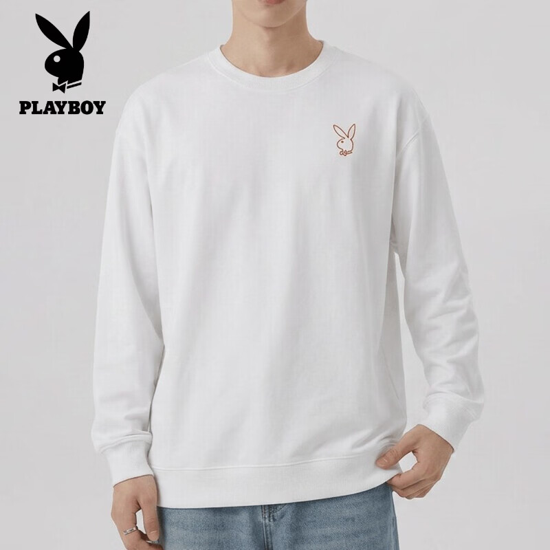 花花公子（PLAYBOY）圆领卫衣男春秋季宽松休闲百搭时尚潮流印花长袖上衣男2026新款 白色 S