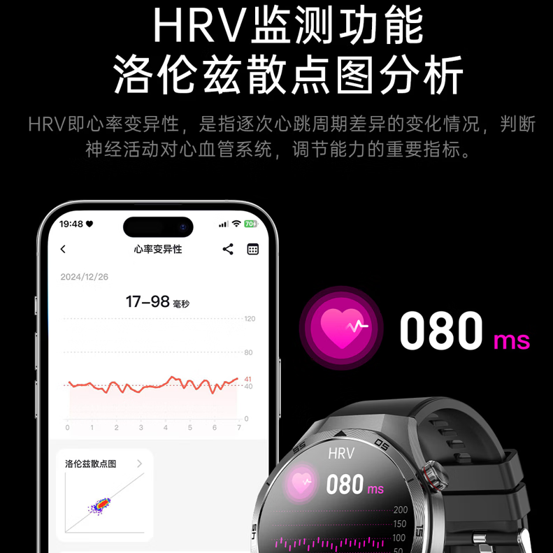 DIONA ECG心电+PPG光电 健康监测智能手表 Starry R7 心电ECG心率HRV 真血氧 24小时睡眠监测 情绪压力 黑色