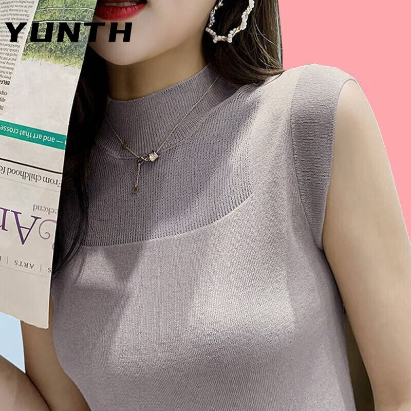 YUNTH冰丝吊带背心女外穿春夏新款韩版宽松针织无袖短款上衣T恤打底衫 黑色 S 【建议70-85斤】