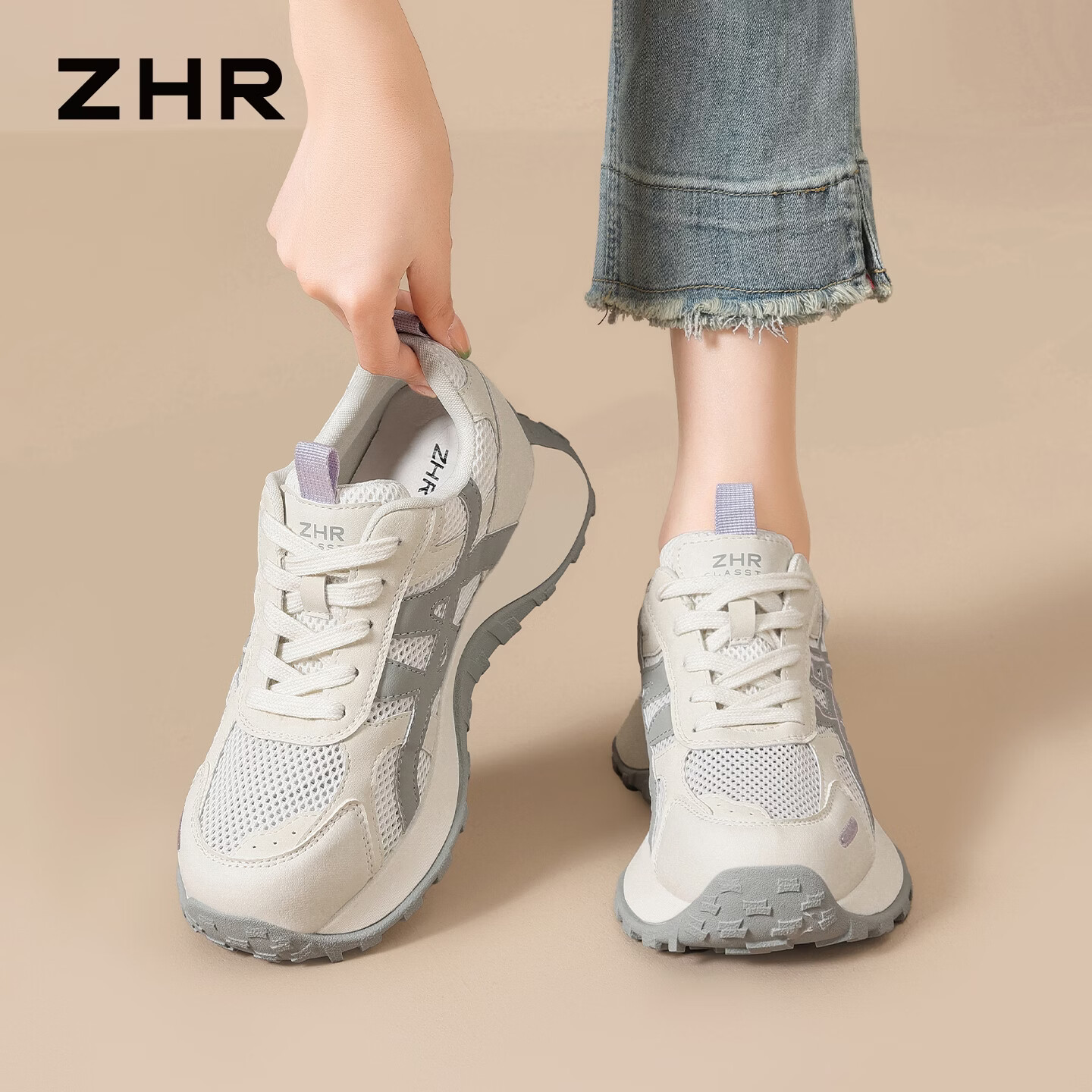 ZHR则则厚底丑萌老爹鞋女新款双鞋带休闲鞋增高轻便运动鞋 IT39E米色37
