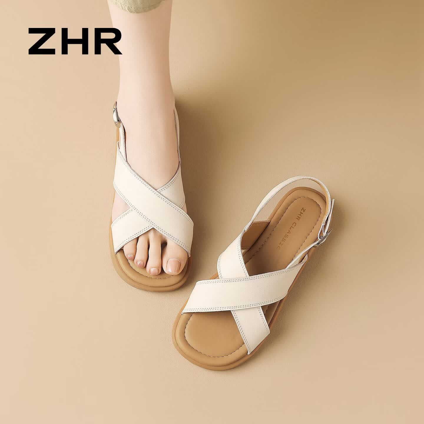 ZHR则则头层牛皮丨凉鞋女夏季外穿2026新款软底休闲罗马凉拖 AY375米色38