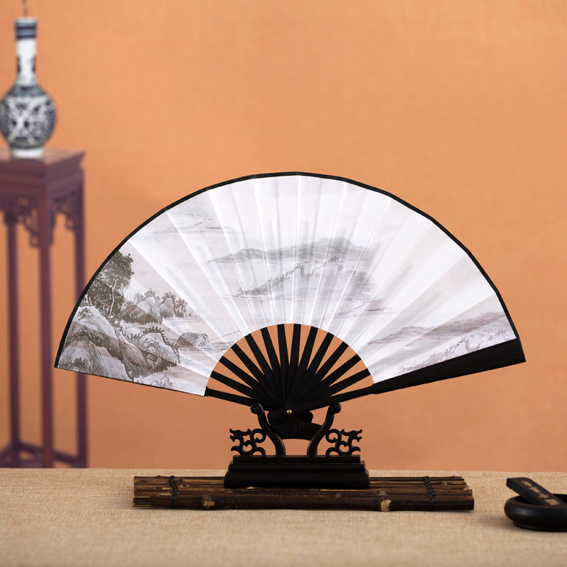 中国风山水8寸古风随身男扇子定制八寸绢布纸扇清明上河图 水墨山水