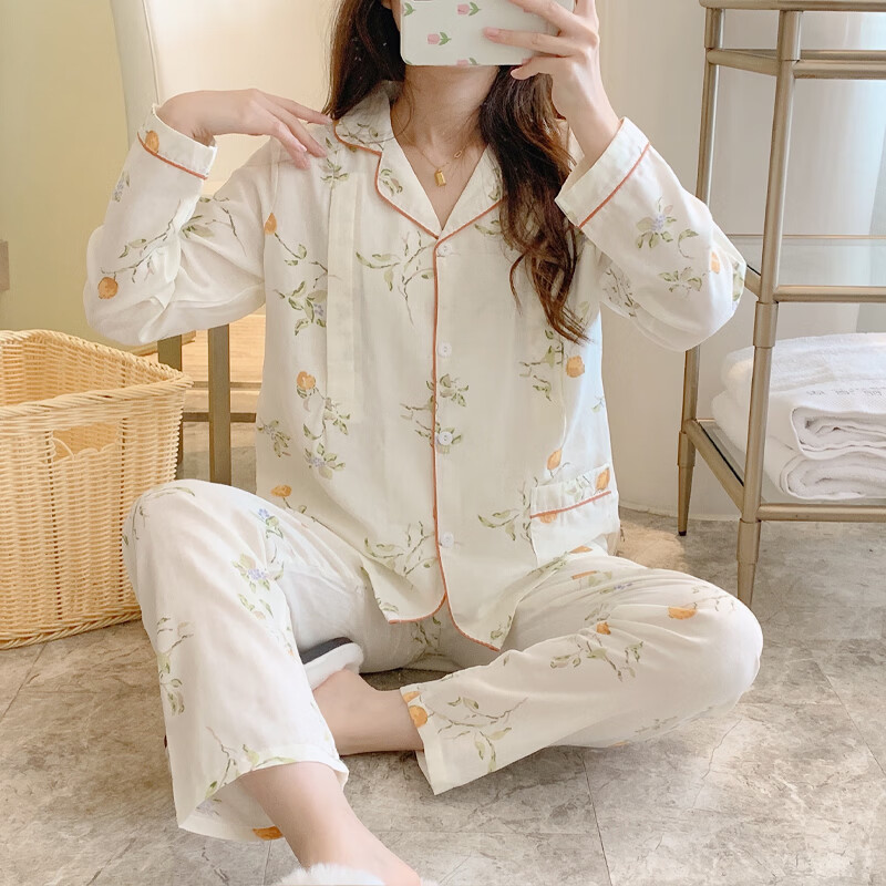 ROVO月子服孕妇睡衣套装纯棉可外穿产后哺乳衣夏季新款 浅黄色 L