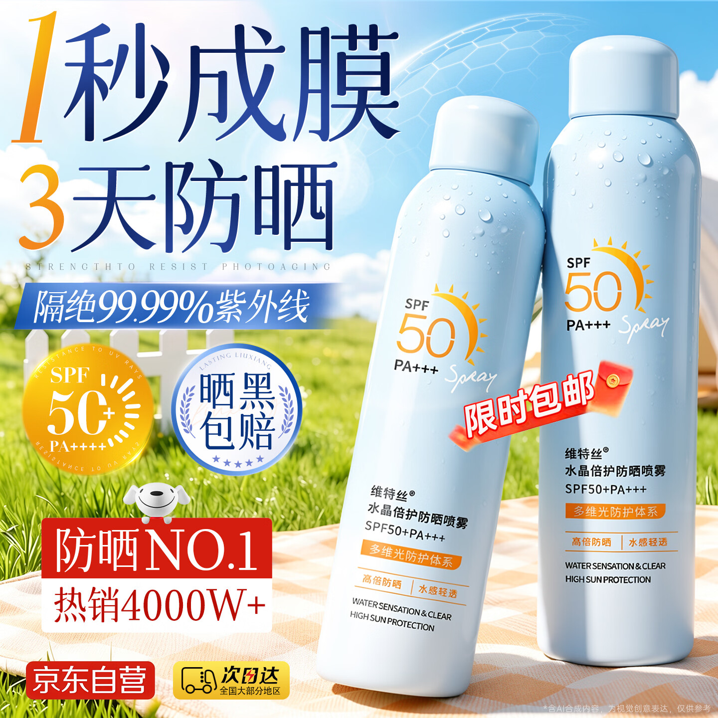 维特丝防晒喷雾霜男女士高倍防水防汗持久防紫外线大人小孩户外SPF50+