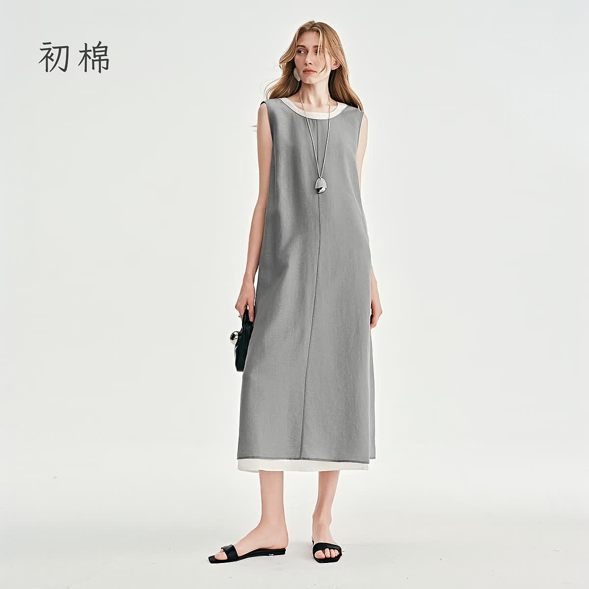 初棉含亚麻两件式撞色无袖连衣裙女26夏后背V字显瘦显高中长裙 知更鸟灰 L