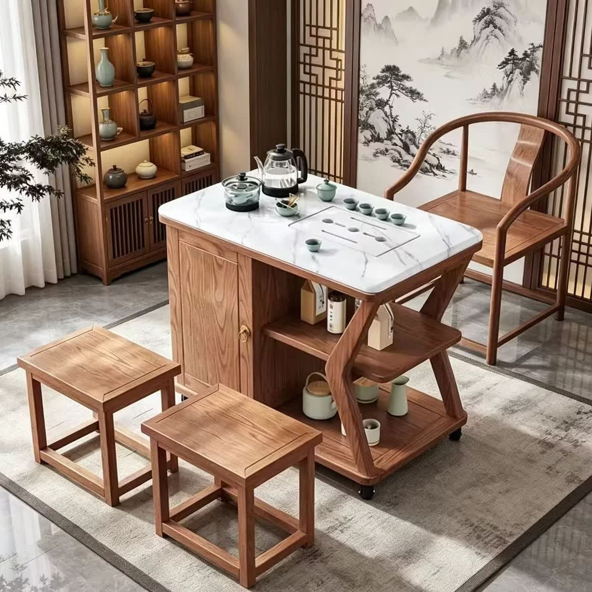 沐含玥新中式实木茶桌家用小茶台茶几泡茶桌晶石微晶岩板高端客厅茶桌椅