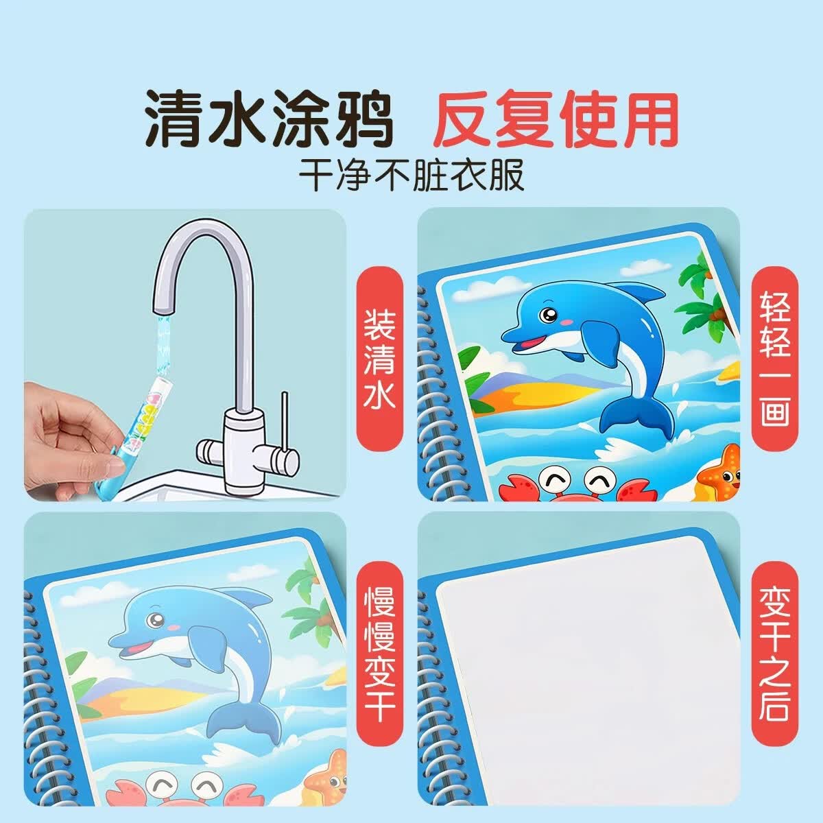 汉状元书院儿童水画本0-6岁宝宝涂鸦神奇画画板清水作画反复使用一岁男孩女孩涂色绘画套装六一儿童节礼物 中性款【共6本可重复使用】送6支笔