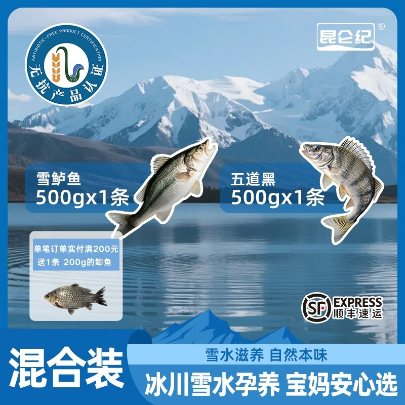 昆仑纪新疆鱼五道黑雪鲈鱼混合装无抗淡水鲈鱼整条装速冻锁鲜顺丰发货 【混装】【雪鲈鱼+五道黑 各1条 总重约1kg】