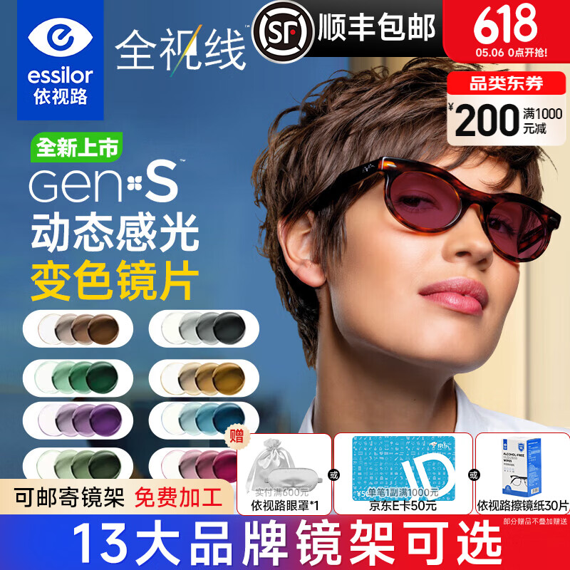 依视路（ESSILOR）感光全视线钻晶膜洁第九代变色膜岩变灰色膜致防蓝光配近视镜片 钻晶膜洁GEN S变色（现片） 1.67(超薄)
