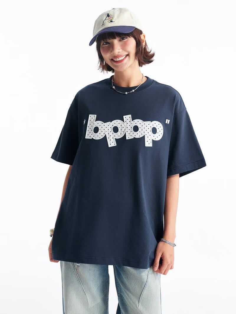 BIPOLAR波点贴布刺绣短袖t恤男女圆领休闲情侣款宽松夏季上衣2026新款 浅蓝色 (现货) XL 建议(180-185cm/150-180斤)