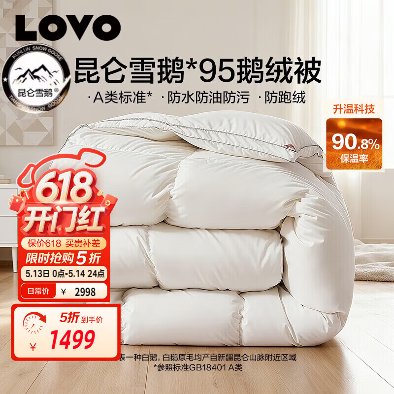 LOVO罗莱A类 95%昆仑白鹅绒羽绒被 冬被 1000g填充200*230cm 白色